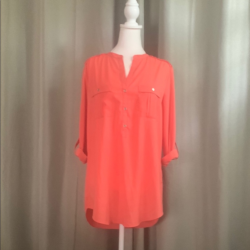 Calvin Klein Orange 3/4 Sleeve Mandarin Collar Blouse Size Medium